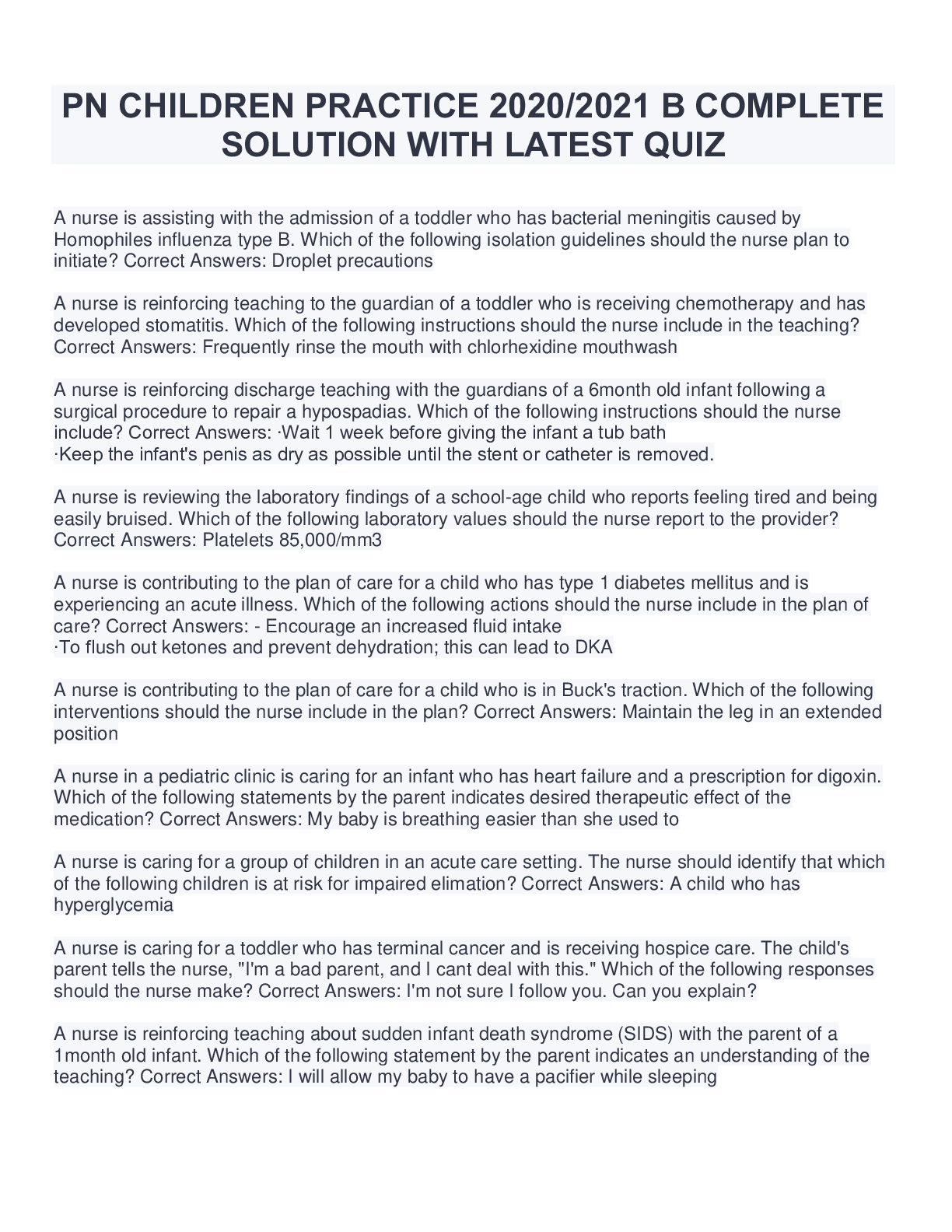 Preview image for PN CHILDREN PRACTICE 2020/2021 B COMPLETE SOLUTION WITH LATEST QUIZ